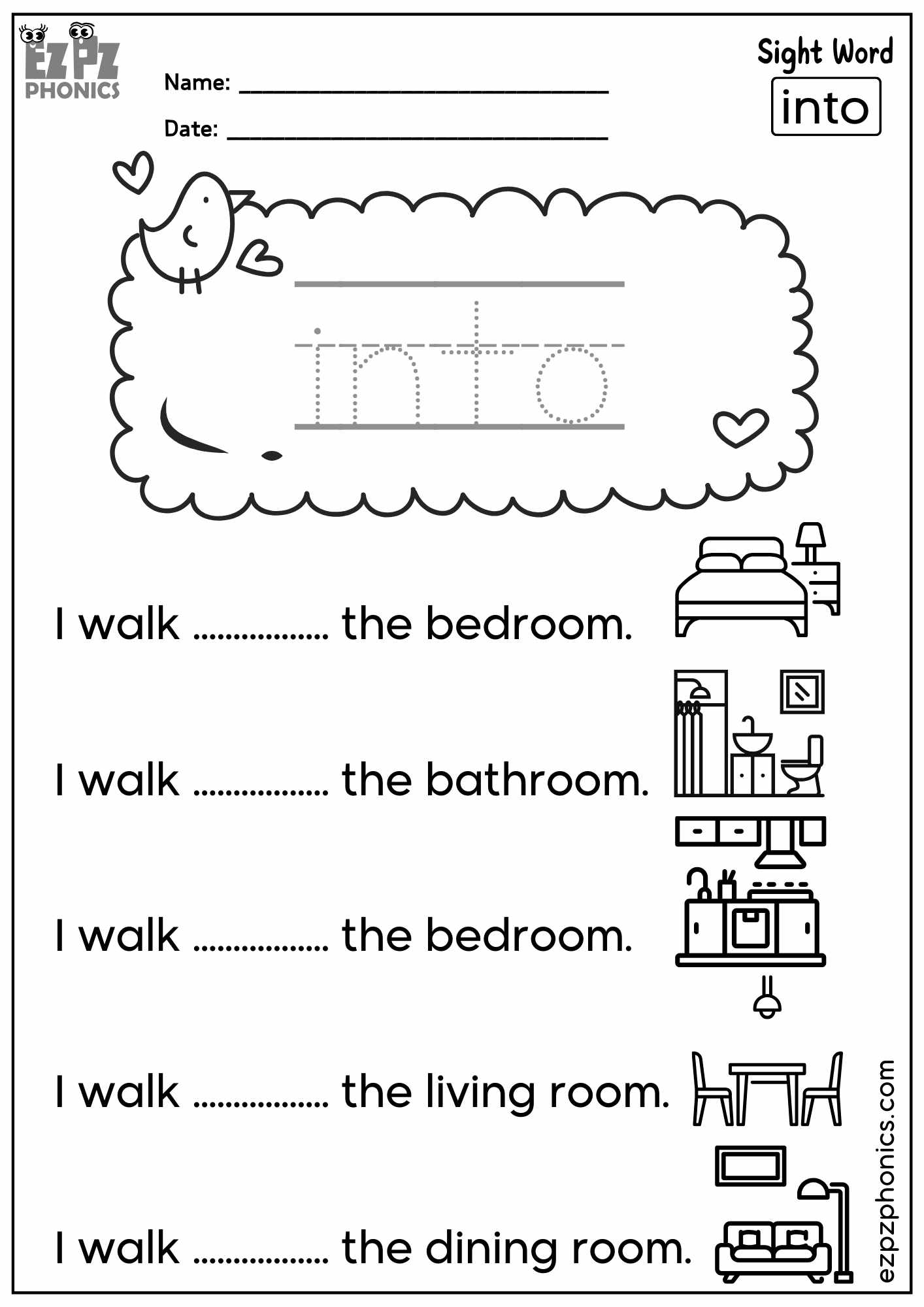 “Into” Sight Word Sentences – Fun Dolch Sight Words Practice for Kindergarten & First Grade - PDF Download